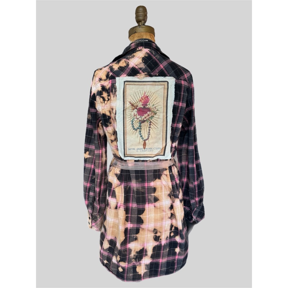 Bleached Sacred Heart Flannel Shirt Dress | Folk Art Upcycled Flannel | Medium